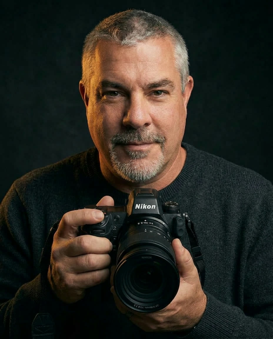 JJ Quenault, photographer, holding camera at chest level (AI generation from reference photo)